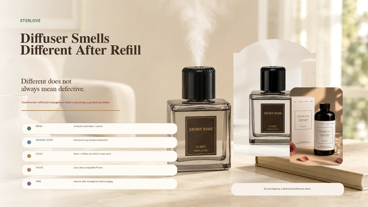 EterLove Plume Automatic Scent Diffuser with compatible 500ml fragrance refill in a warm home setting, explaining why scent may smell different after a refill due to refill identity, residual fragrance, room airflow and changeover conditions