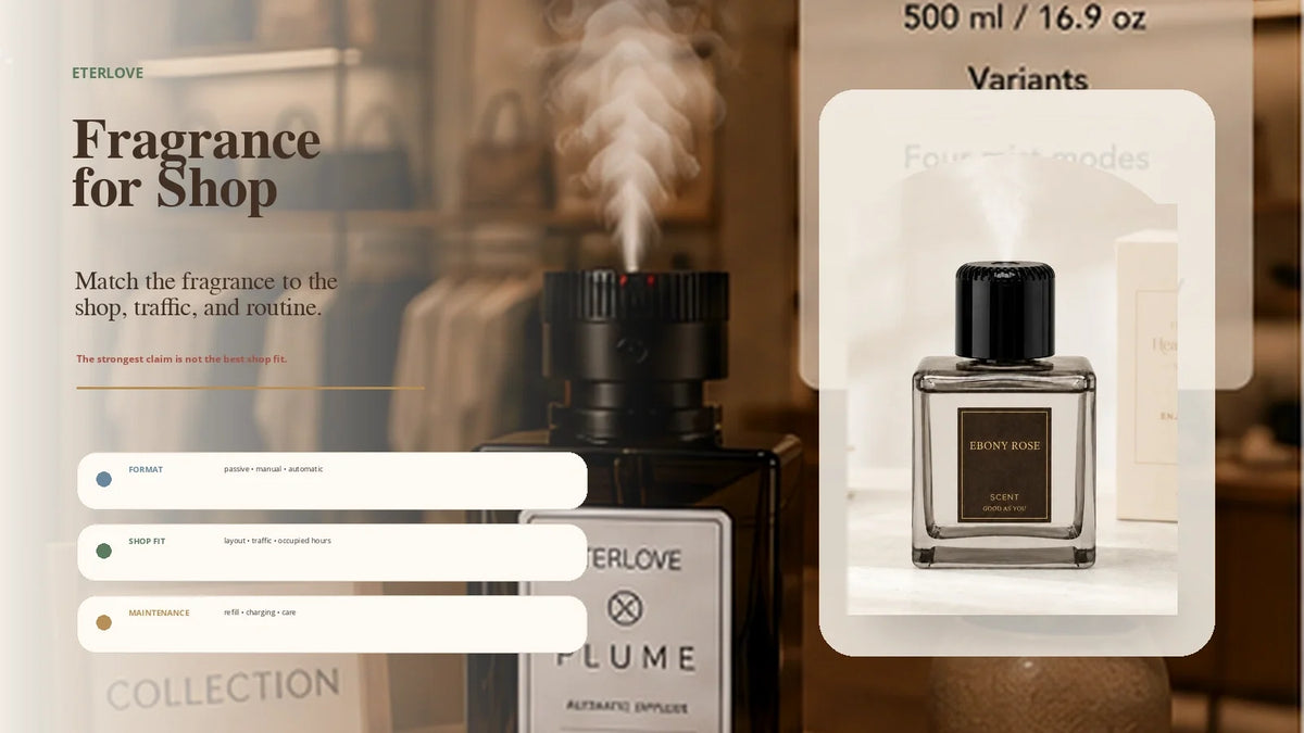EterLove Plume Automatic Scent Diffuser in a warm boutique retail setting with guidance on choosing shop fragrance by format, store layout, customer traffic and maintenance routine
