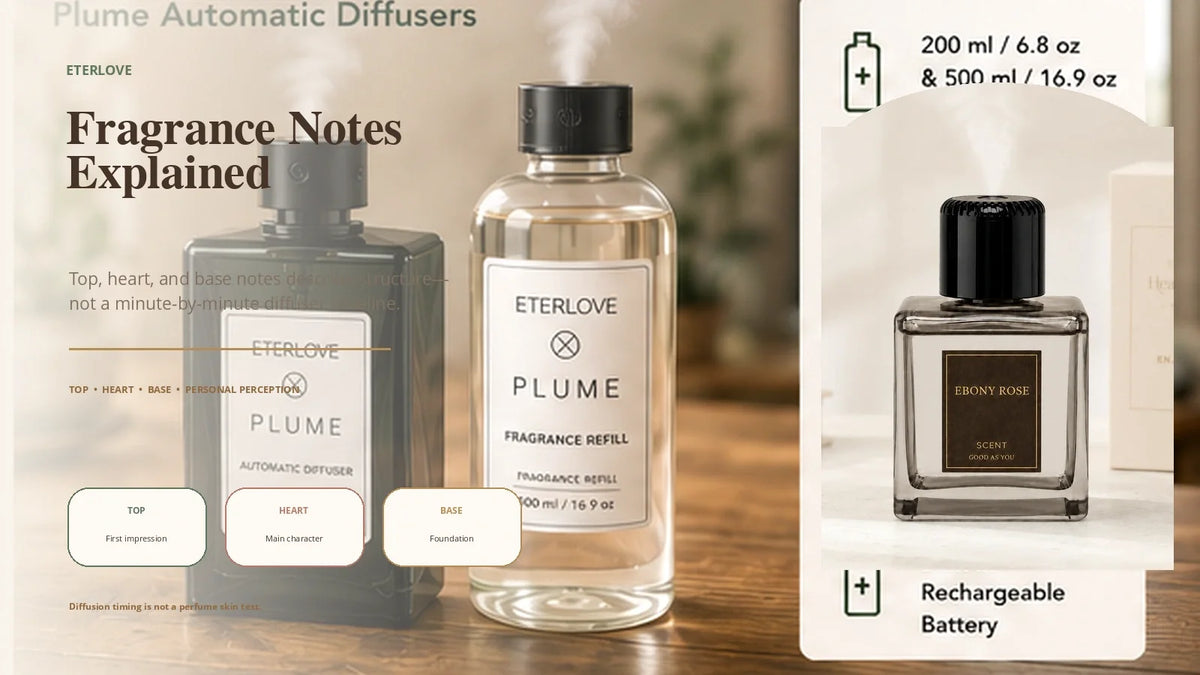 EterLove Plume Automatic Scent Diffuser with top, heart, and base fragrance notes explained