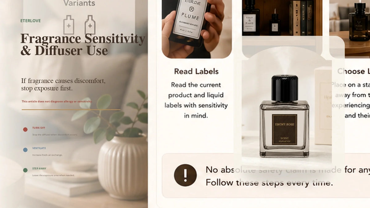 EterLove Plume Automatic Scent Diffuser guidance for fragrance discomfort with distance, ventilation and stopping exposure in a warm home setting