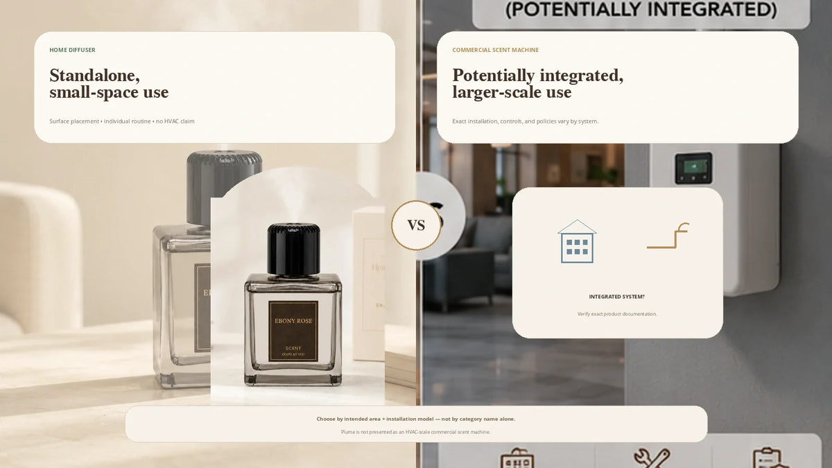 EterLove Plume Automatic Scent Diffuser compared with a generic commercial scent system, showing the difference between standalone home use and potentially integrated larger-scale scenting