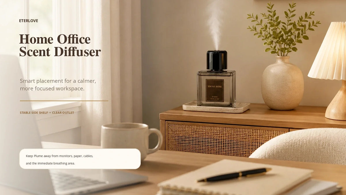 EterLove Plume Automatic Scent Diffuser on a stable side cabinet beside a warm home office workspace