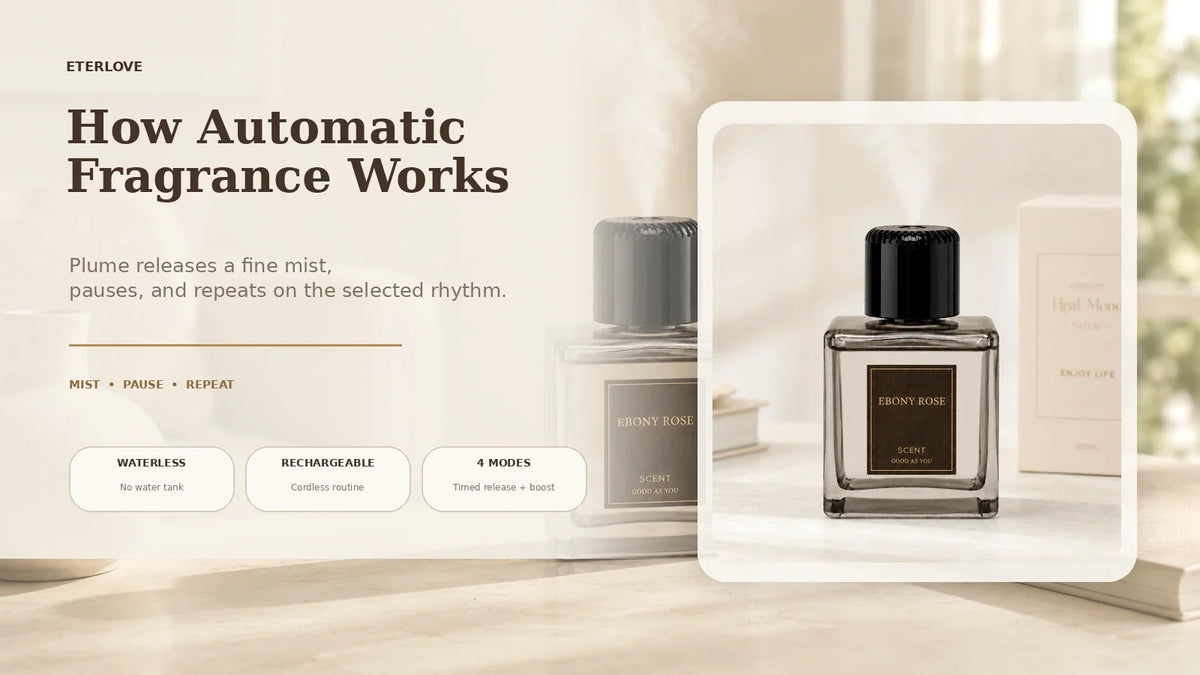 EterLove Plume Automatic Scent Diffuser releasing fragrance mist in a warm home interior