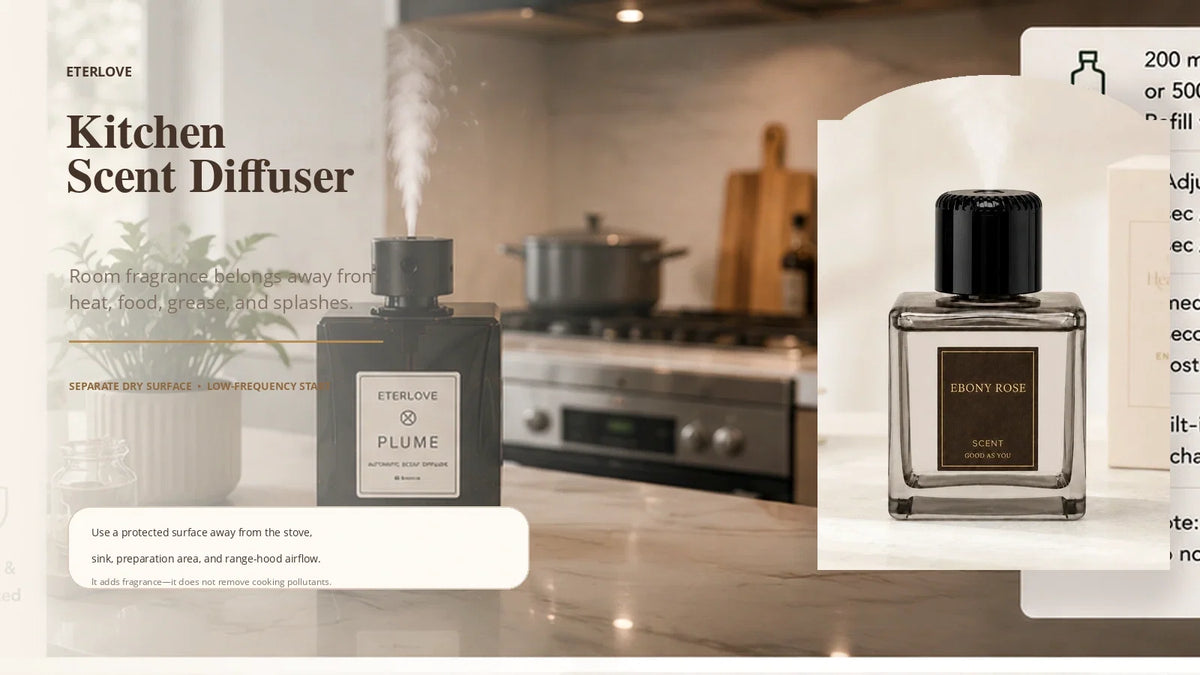 EterLove Plume Automatic Scent Diffuser presented beside a warm modern kitchen with safe placement guidance