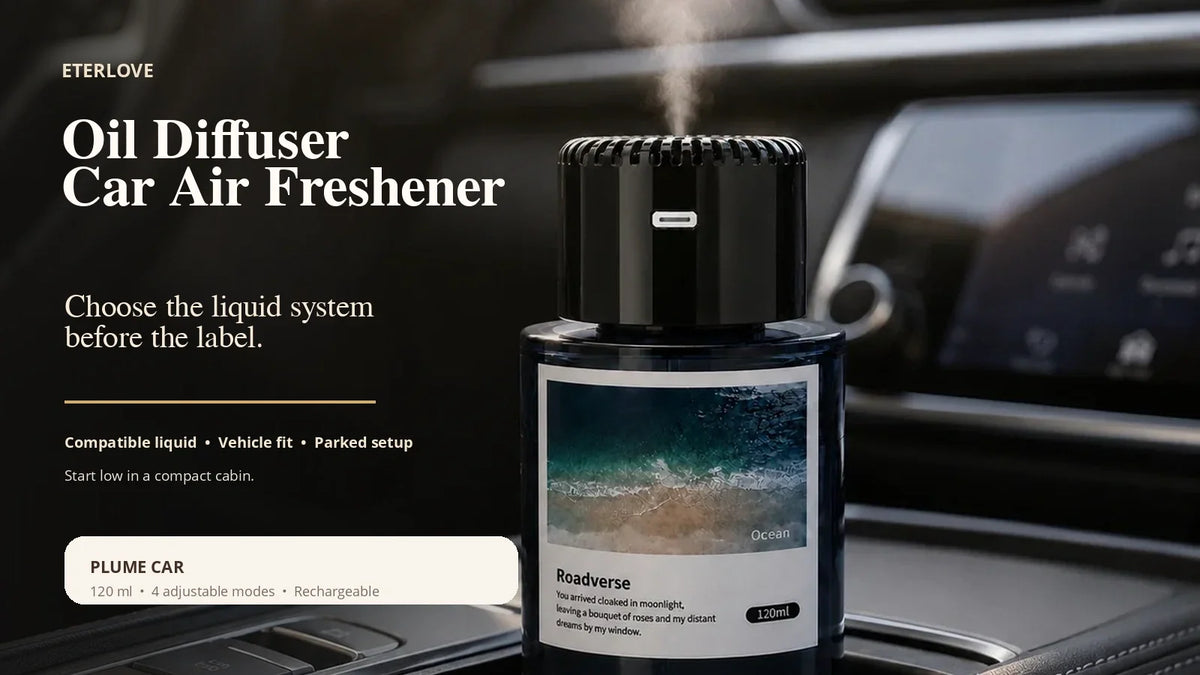 EterLove Plume Car Scent Diffuser in a premium car interior, illustrating how an oil diffuser car air freshener should be chosen by liquid compatibility, vehicle fit, secure placement and parked setup
