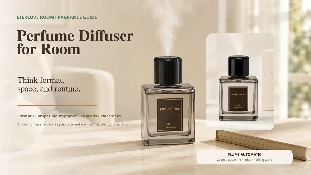 EterLove Plume Automatic Scent Diffuser in a warm room setting for a guide explaining how room fragrance depends on diffuser format, compatible fragrance, controls, placement and routine