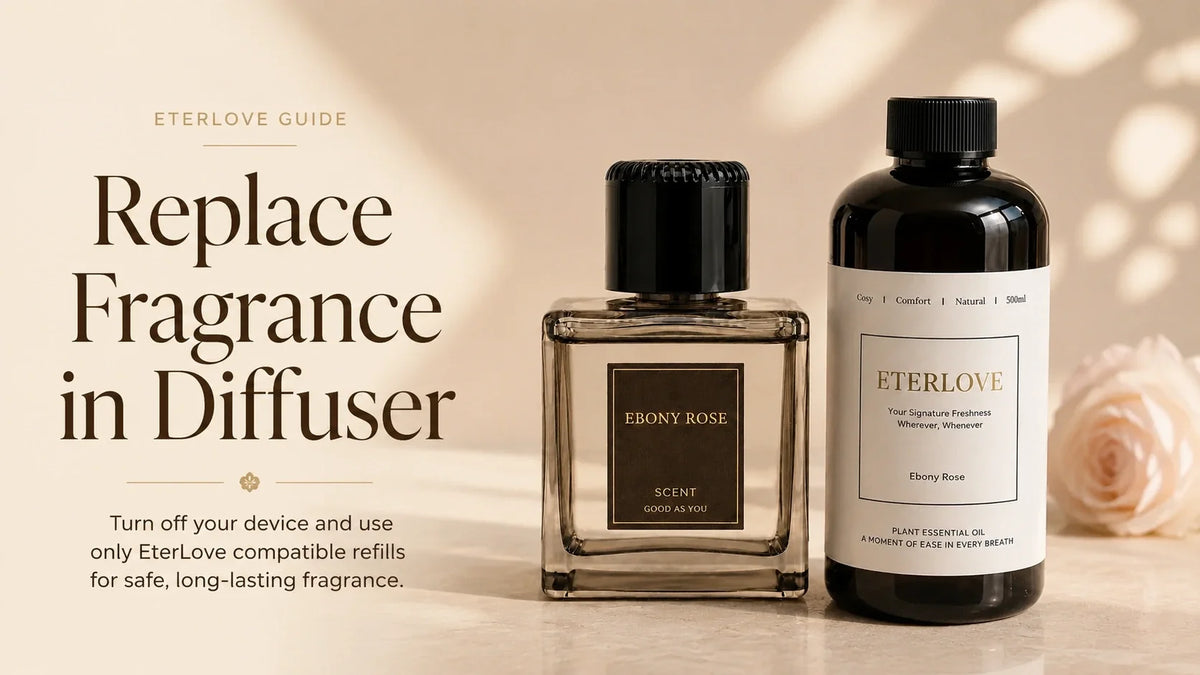 EterLove Plume Automatic Scent Diffuser with compatible 500ml fragrance refill for safe scent replacement