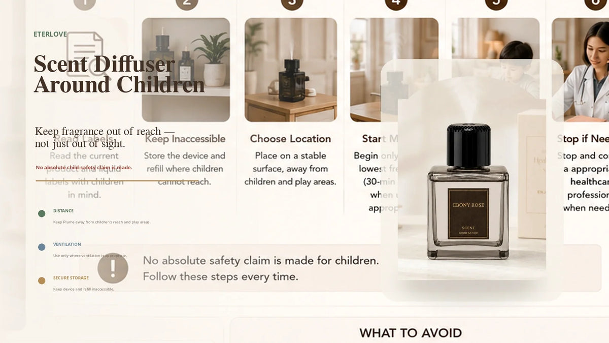 EterLove Plume Automatic Scent Diffuser positioned away from children with guidance on distance, ventilation and inaccessible fragrance storage