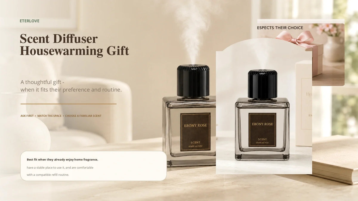 EterLove Plume Automatic Scent Diffuser presented as a housewarming gift in a warm new-home setting