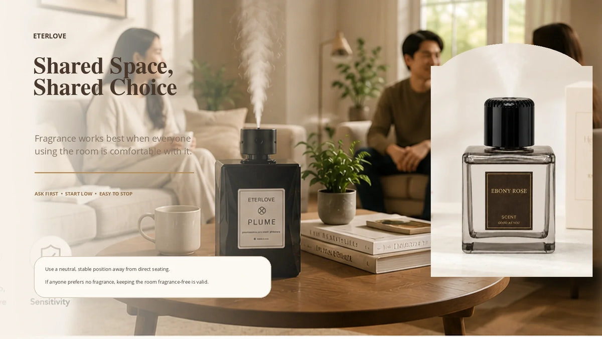 EterLove Plume Automatic Scent Diffuser in a warm shared living space where fragrance use is based on shared comfort and consent