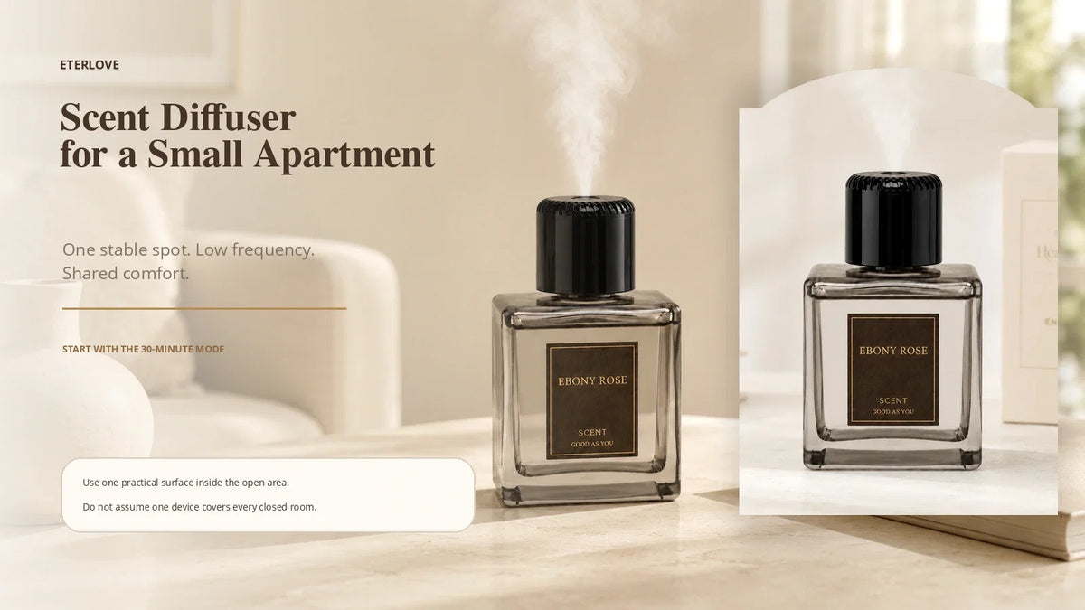 EterLove Plume Automatic Scent Diffuser presented in a warm small apartment with open-plan placement guidance