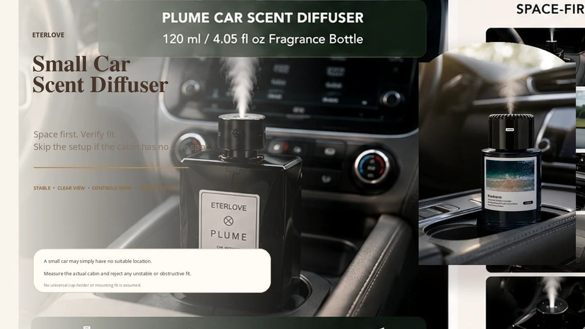 EterLove Plume Car Scent Diffuser shown with a compact vehicle interior and guidance to verify stable, unobstructed placement before use