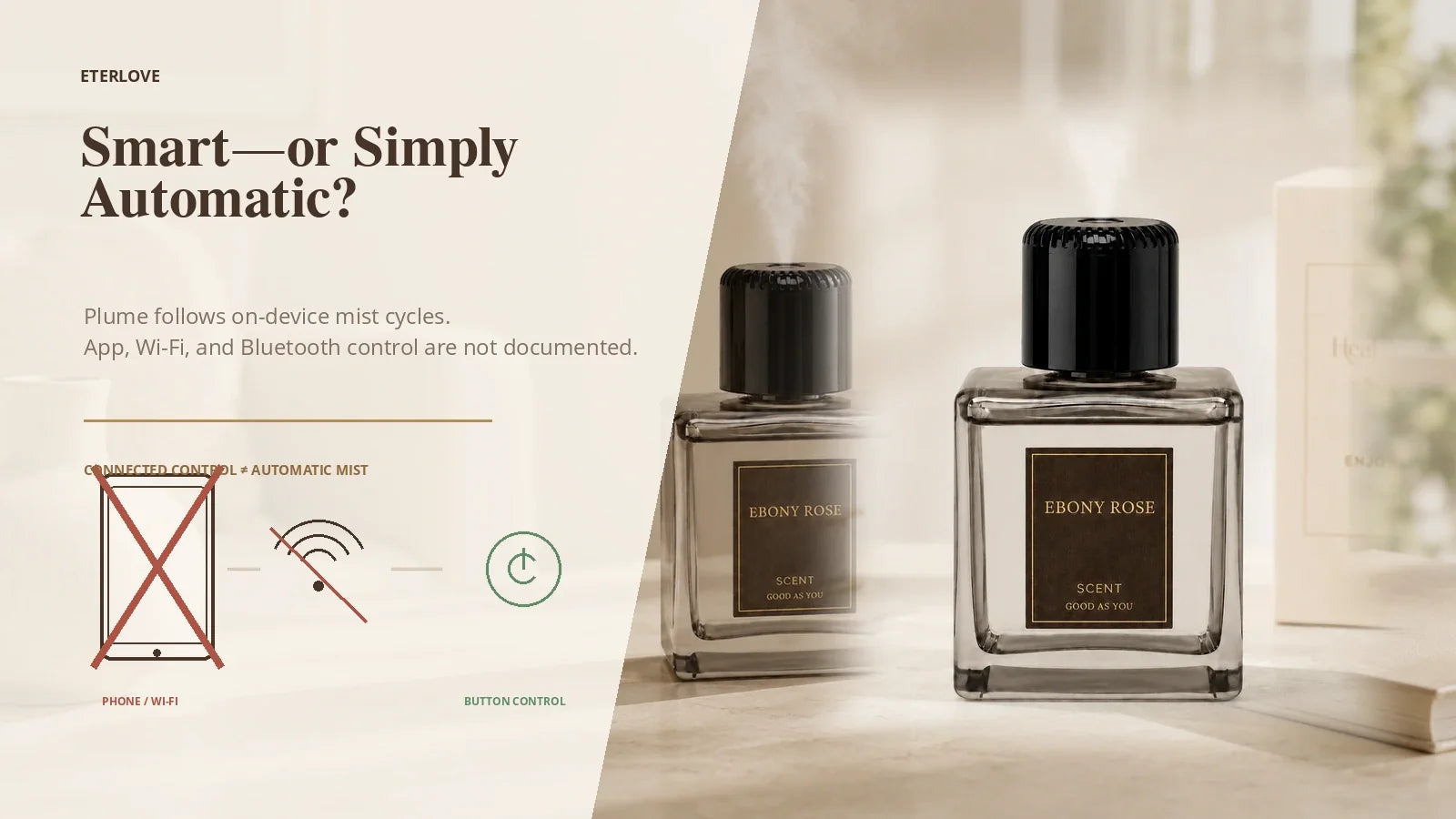 EterLove Plume Automatic Scent Diffuser comparing connected smart control with simple on-device mist modes