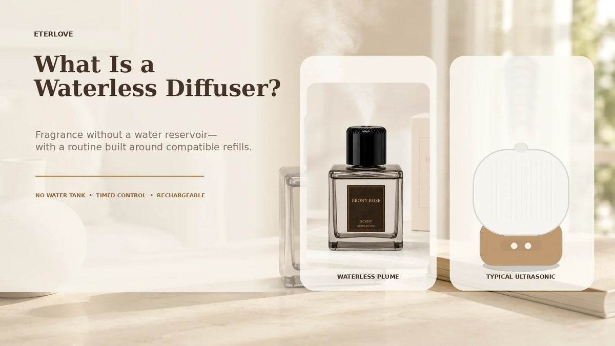 EterLove Plume waterless scent diffuser compared with a typical ultrasonic diffuser in a warm home interior