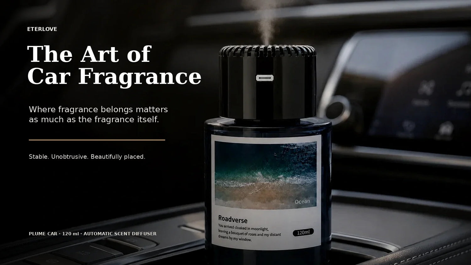 EterLove Plume Car 120ml scent diffuser elegantly placed in a luxury vehicle interior