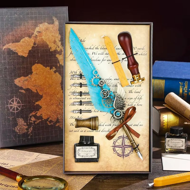 Eterlove |Steam Punk Inspired Aqua Ocean Whisper Quill Feather Pen Set