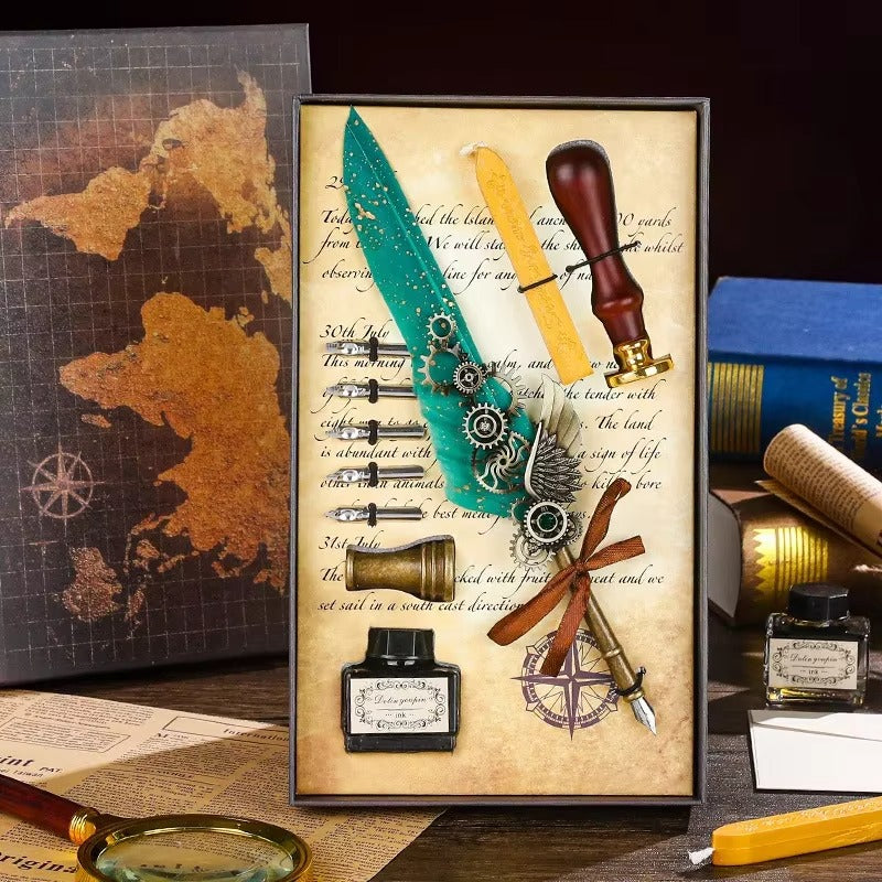 Eterlove |Steam Punk Inspired Emerald Clockwork Quill Feather Pen Set