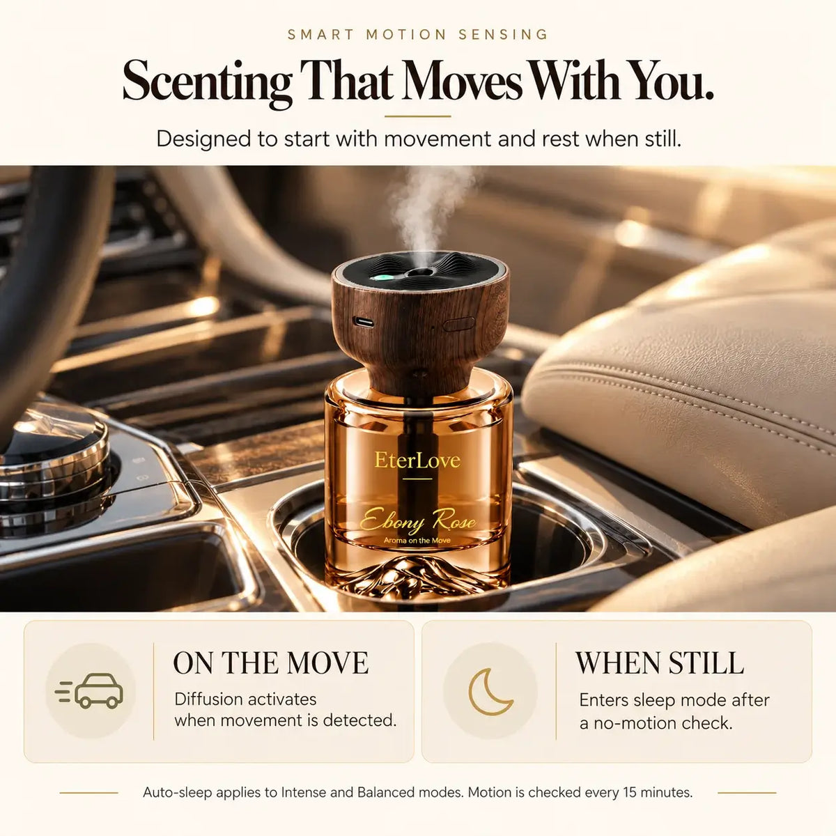 EterLove car scent diffuser showing motion-sensing operation and automatic sleep in select modes