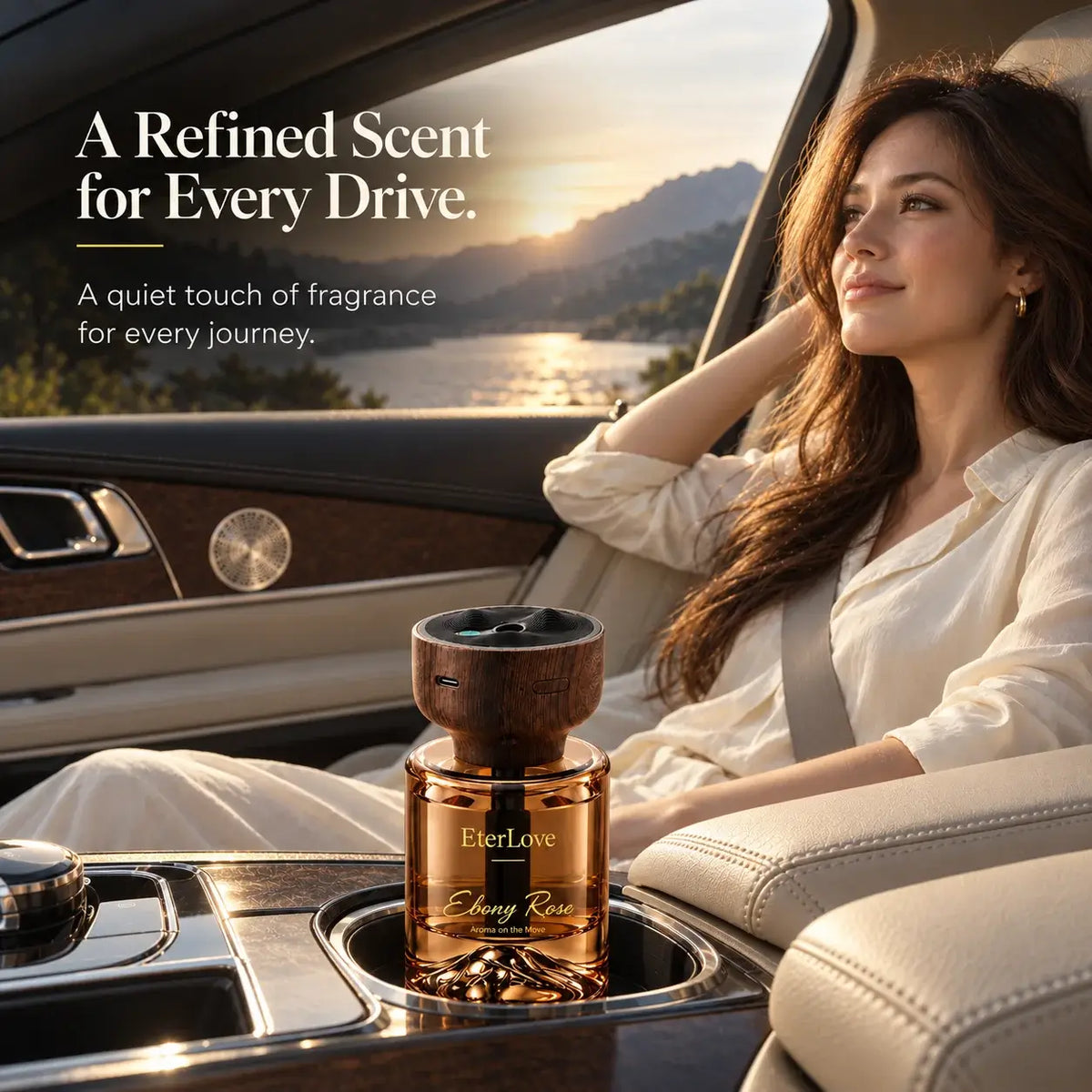 EterLove Ebony Rose car fragrance diffuser in a luxury car cup holder with passenger