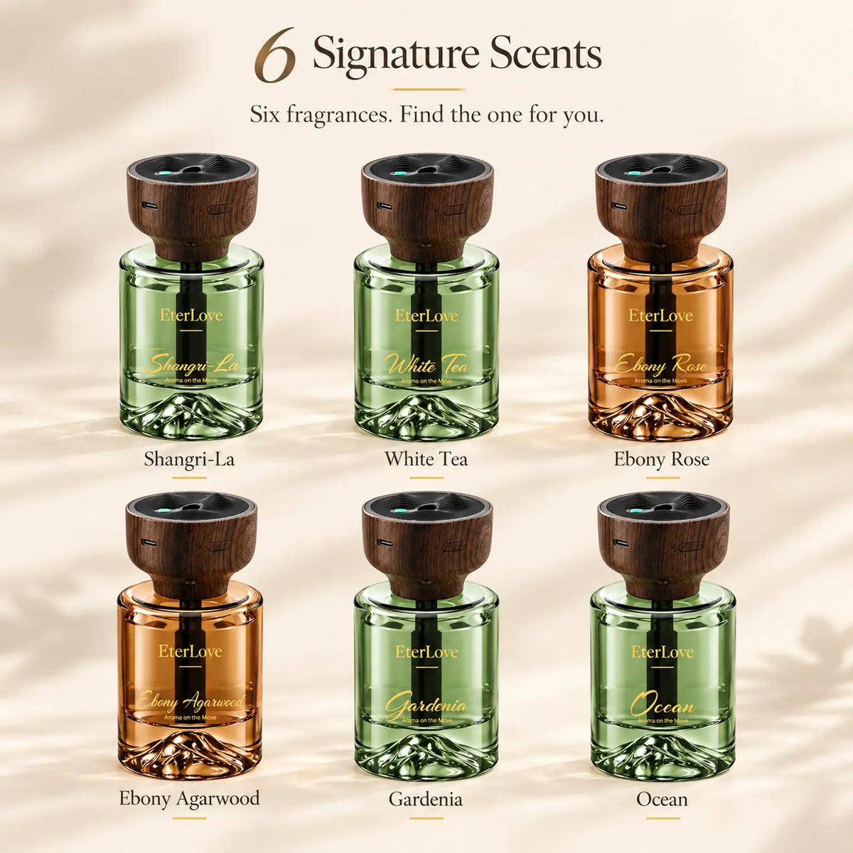 Six EterLove car scent diffuser options: Shangri-La, White Tea, Ebony Rose, Ebony Agarwood, Gardenia and Ocean