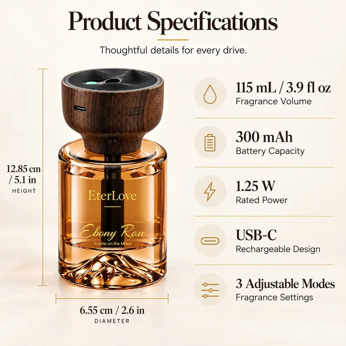 EterLove Ebony Rose car diffuser dimensions and product specifications